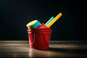 a red bucket with a yellow and blue plastic toy. AI-Generated photo