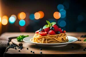 espaguetis con bayas y menta en un lámina. generado por ai foto