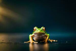 a frog sitting on a dark surface with a bright light behind it. AI-Generated photo