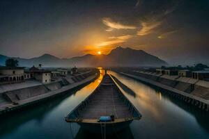 a boat is docked in a canal at sunset. AI-Generated photo