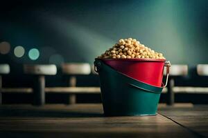 a bucket of popcorn on a wooden table. AI-Generated photo