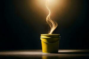 a yellow bucket with smoke coming out of it. AI-Generated photo