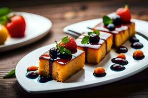 a plate with a slice of cake and berries. AI-Generated photo