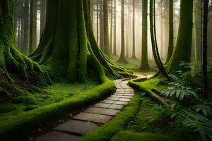 a path through a forest with mossy trees. AI-Generated photo