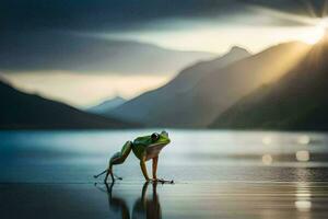 a frog standing on the edge of a lake with mountains in the background. AI-Generated photo
