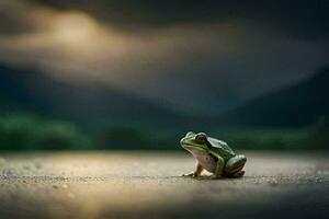 a frog sitting on the ground in front of a mountain. AI-Generated photo