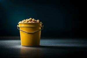 a bucket of peanuts on a dark background. AI-Generated photo