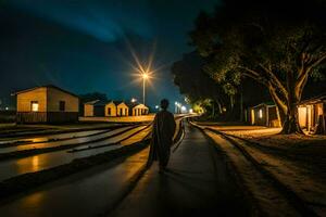 a man walking down a road at night with houses in the background. AI-Generated photo