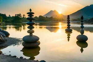 un grupo de rocas en el agua a puesta de sol. generado por ai foto