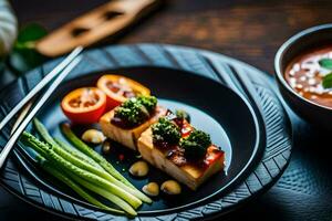 un plato con comida y palillos en él. generado por ai foto