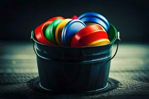 a bucket filled with colorful plastic toys. AI-Generated photo
