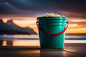 a bucket of peanuts on the beach at sunset. AI-Generated photo