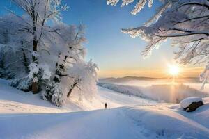 a person walking in the snow at sunset. AI-Generated photo
