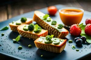 food on a plate with broccoli, strawberries and a cup of sauce. AI-Generated photo