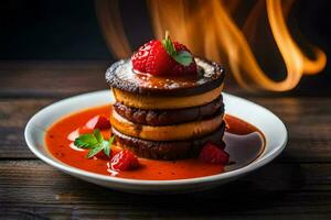a stack of pancakes with strawberries on top. AI-Generated photo