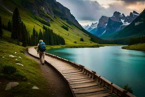 a man walks along a wooden path near a lake. AI-Generated photo