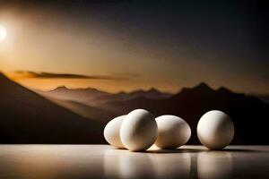 four eggs on a table in front of a mountain. AI-Generated photo