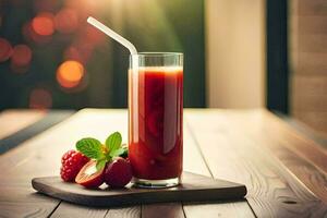 a glass of juice with strawberries and raspberries. AI-Generated photo