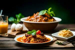 espaguetis y albóndigas en un de madera mesa. generado por ai foto