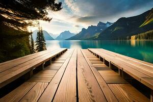 a wooden dock leads to a lake and mountains. AI-Generated photo