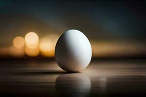 un huevo en un mesa con borroso luces. generado por ai foto
