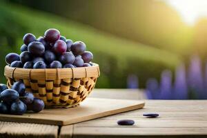 grapes in a basket on a wooden table. AI-Generated photo