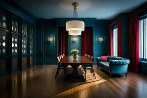 a dining room with blue walls and wood floors. AI-Generated photo