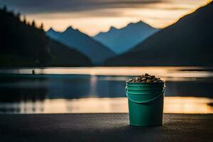 a bucket of rocks sitting on the ground near a lake. AI-Generated photo