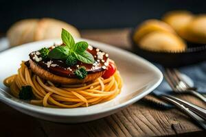 spaghetti with meat and vegetables on a plate. AI-Generated photo