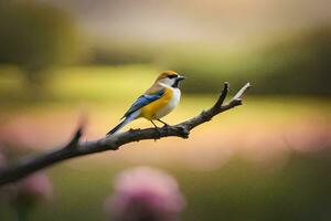 a small bird sits on a branch in front of a field. AI-Generated photo