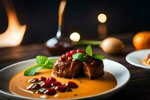 a plate of food with a sauce and garnish. AI-Generated photo