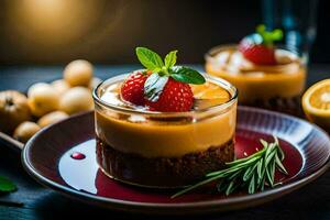 two desserts on a plate with strawberries and lemon. AI-Generated photo