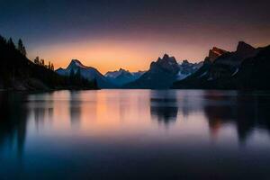 el Dom conjuntos terminado montañas y un lago. generado por ai foto