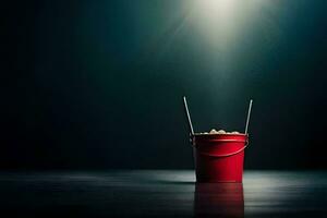 a red bucket with a stick in it on a dark floor. AI-Generated photo