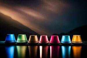 a row of colorful cups on a table. AI-Generated photo