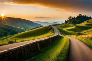 the sun sets over a winding road in the mountains. AI-Generated photo