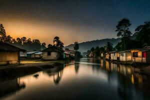 un río carreras mediante un pueblo a puesta de sol. generado por ai foto