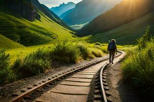 un hombre caminando a lo largo un ferrocarril pista en el montañas. generado por ai foto