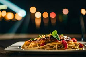 a plate of spaghetti with meat and tomatoes on a table. AI-Generated photo