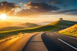 un la carretera devanado mediante el colinas a puesta de sol. generado por ai foto