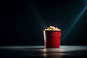 a bucket of popcorn on a dark table. AI-Generated photo
