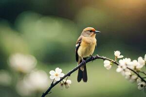 a bird sits on a branch with flowers in the background. AI-Generated photo