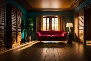 a room with a red couch and wooden floor. AI-Generated photo