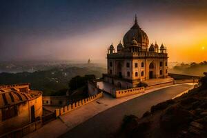 the sun sets over a temple in india. AI-Generated photo