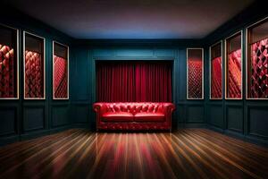 un rojo cuero sofá en un habitación con madera pisos generado por ai foto