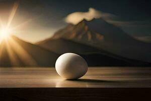 egg on a table with mountains in the background. AI-Generated photo