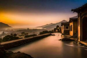 a view of a mountain at sunset with a pool. AI-Generated photo