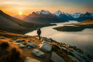 a man standing on a mountain overlooking a lake and mountains. AI-Generated photo