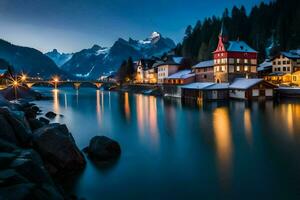 a town in the mountains at night with a river and mountains in the background. AI-Generated photo