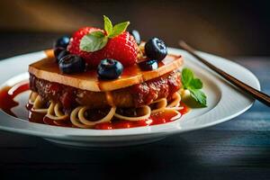 a plate with spaghetti and strawberries on it. AI-Generated photo